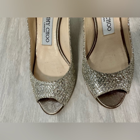Jimmy Choo Open Toe Champagne Metallic Silver Heels Sz 34 - Picture 5 of 12